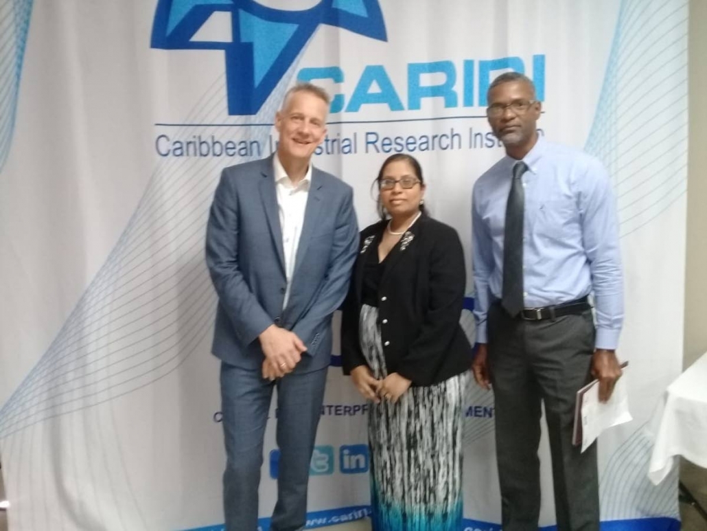 Danish Technological Institute director for ideas and innovation, Knud Erik Hilding-Hamann stands with Cariri business development officer Melissa Bissoondath and Ideas Advisory Service (IAS) project chief Hayden Charles
