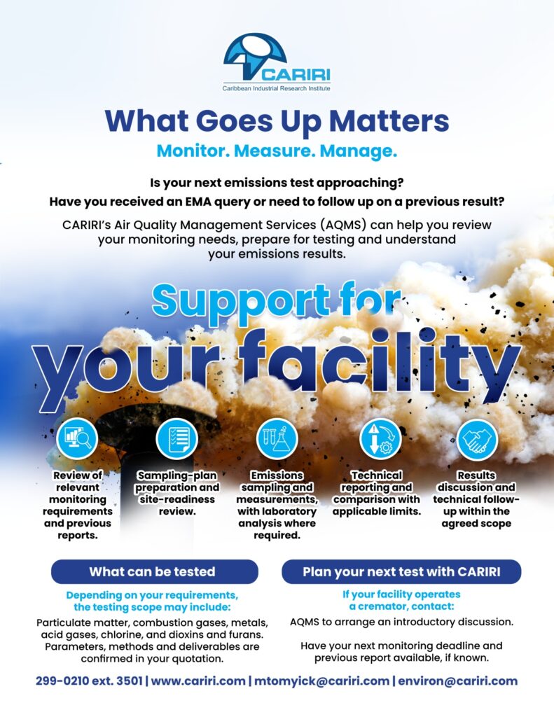 CARIRI Air Quality Management Services flyer promoting crematorium emissions testing, monitoring support, sampling, laboratory analysis, technical reporting, and follow-up services.